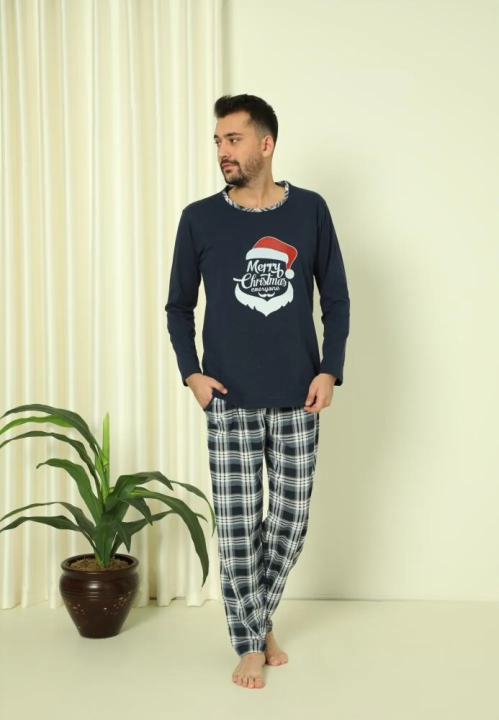 Pijama Crăciun Bărbat Pantaloni Lungi Mânecă Lungă Bleumarin Merry Christmas - 3
