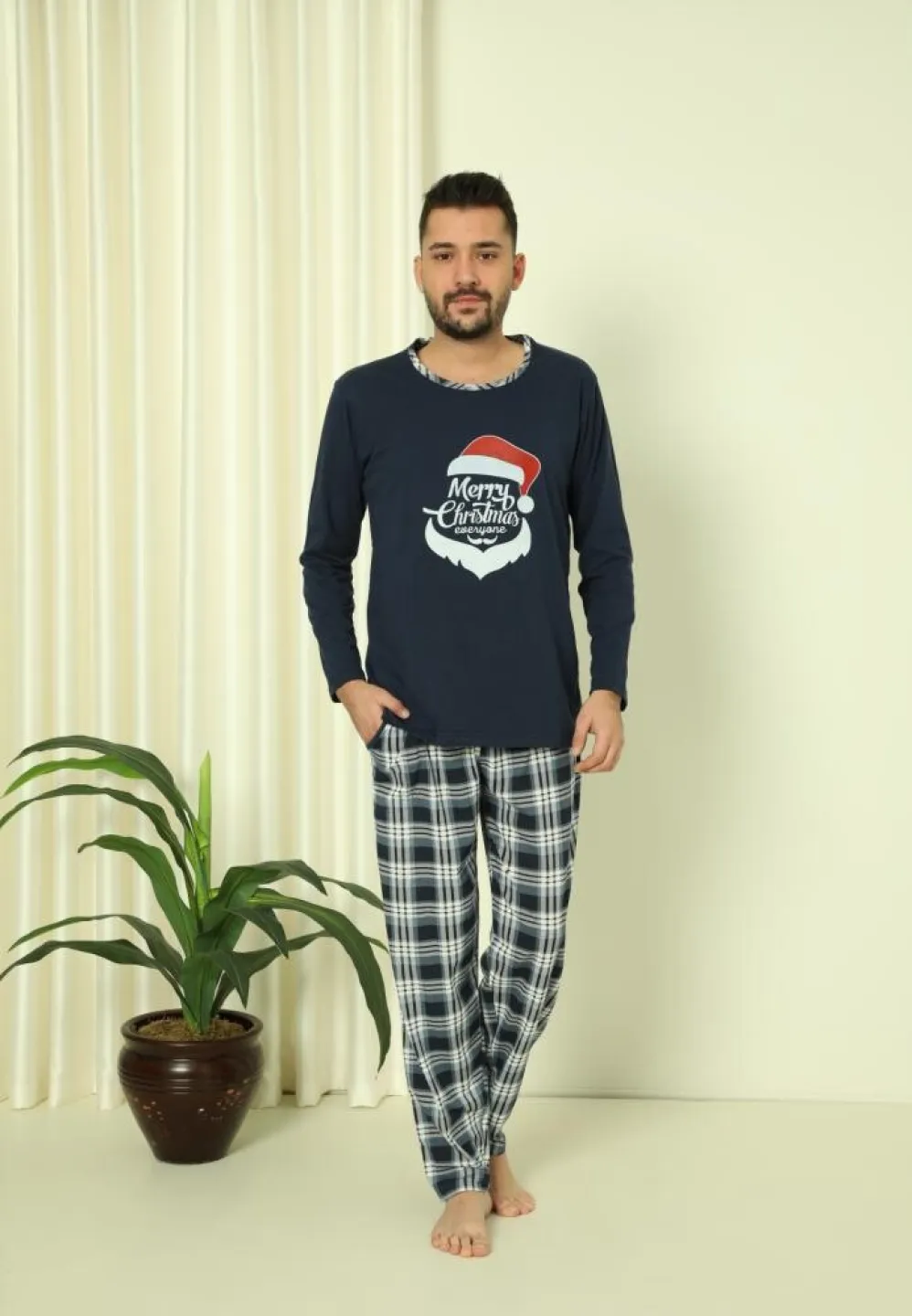 Pijama Crăciun Bărbat Pantaloni Lungi Mânecă Lungă Bleumarin Merry Christmas - 1