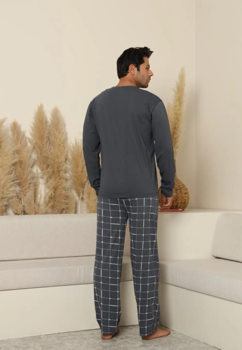 Pijama Bărbați Mânecă Lungă și Pantaloni Lungi Gri - 3
