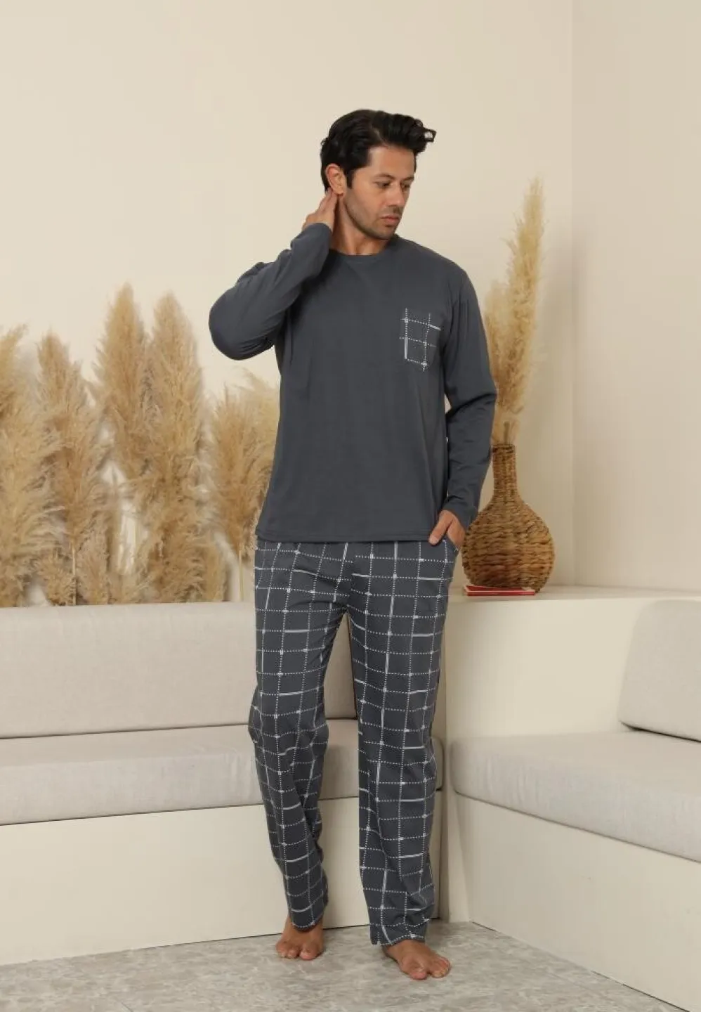 Pijama Bărbați Mânecă Lungă și Pantaloni Lungi Gri - 1