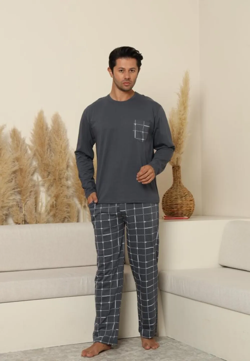 Pijama Bărbați Mânecă Lungă și Pantaloni Lungi Gri - 4