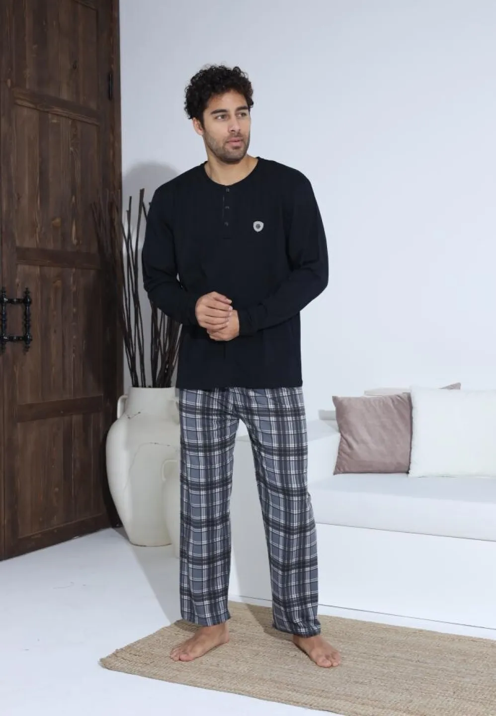 Pijama Bărbați Mânecă și Pantaloni Lungi Negru - 1