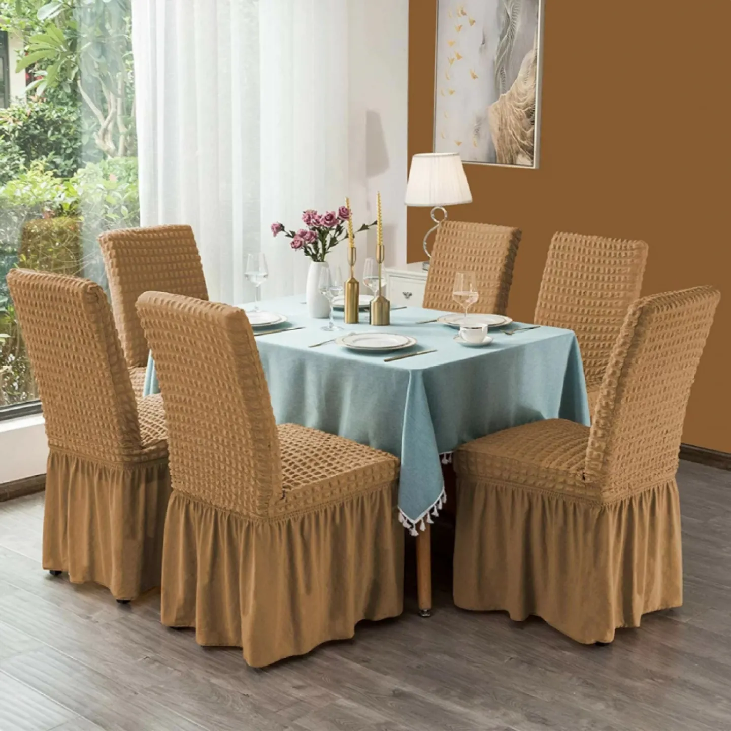 Set 6 huse creponate pentru scaune cu volănașe, Maro Deschis - 1