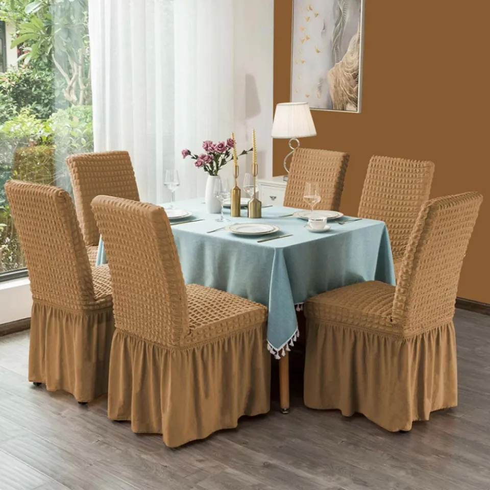 Set 6 huse creponate pentru scaune cu volănașe, Maro Deschis