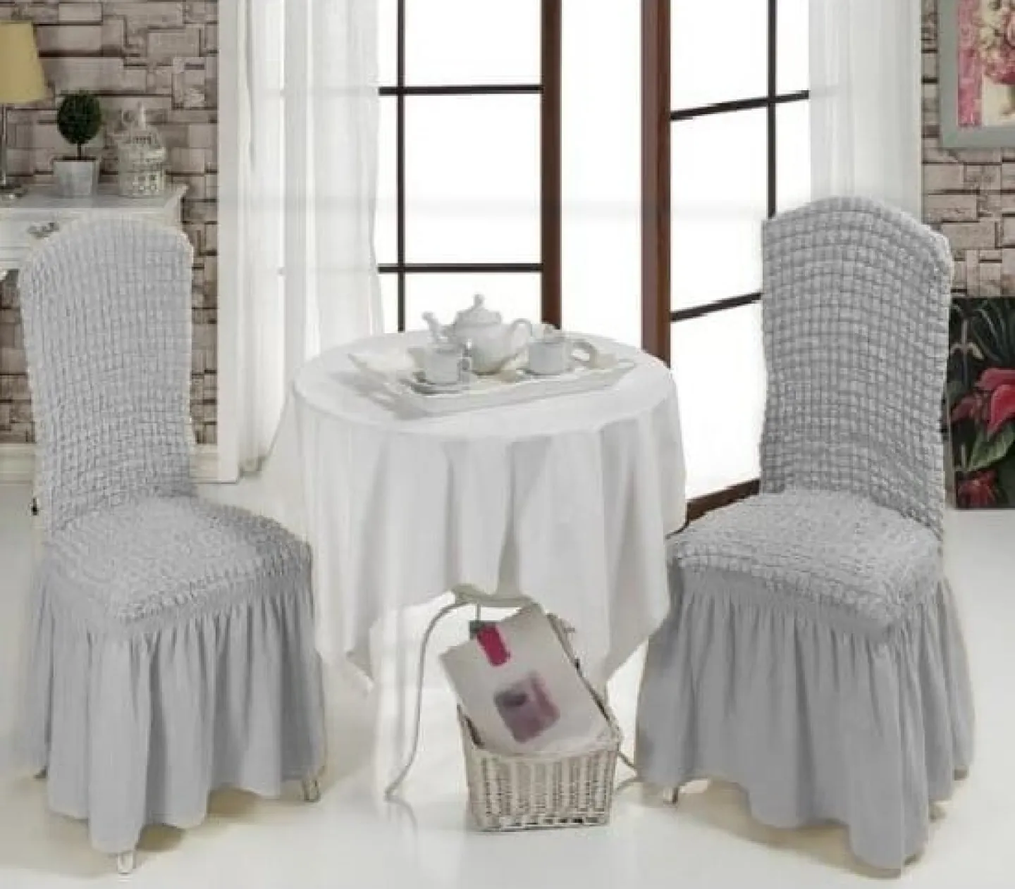 Set 6 huse creponate scaune cu volănașe, Gri Deschis - 1