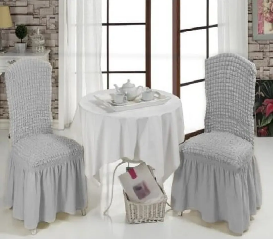 Set 6 huse creponate scaune cu volănașe, Gri Deschis