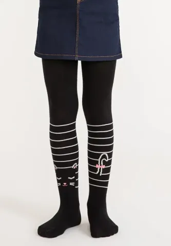 Dres Penti bumbac fetițe Stripe Cat negru, cu imprimeu pisică