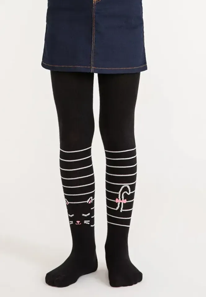 Dres Penti bumbac fetițe Stripe Cat, Negru, cu imprimeu pisică