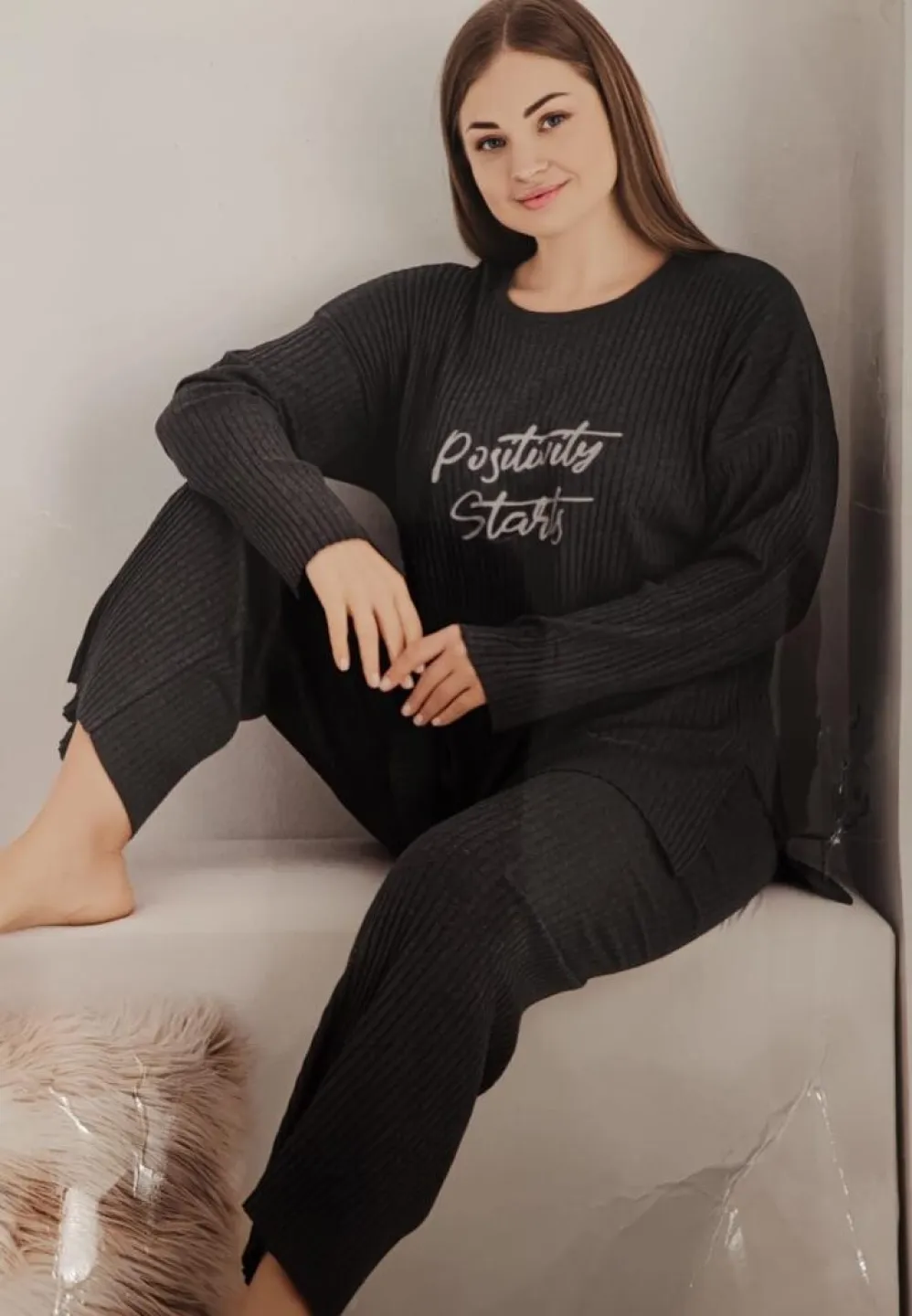 Pijama damă mărime mare plisată Gri închis - 1