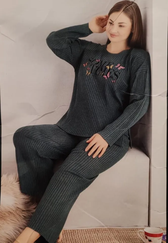 Pijama damă mărime mare plisată, mânecă lungă și pantaloni lungi, Negru