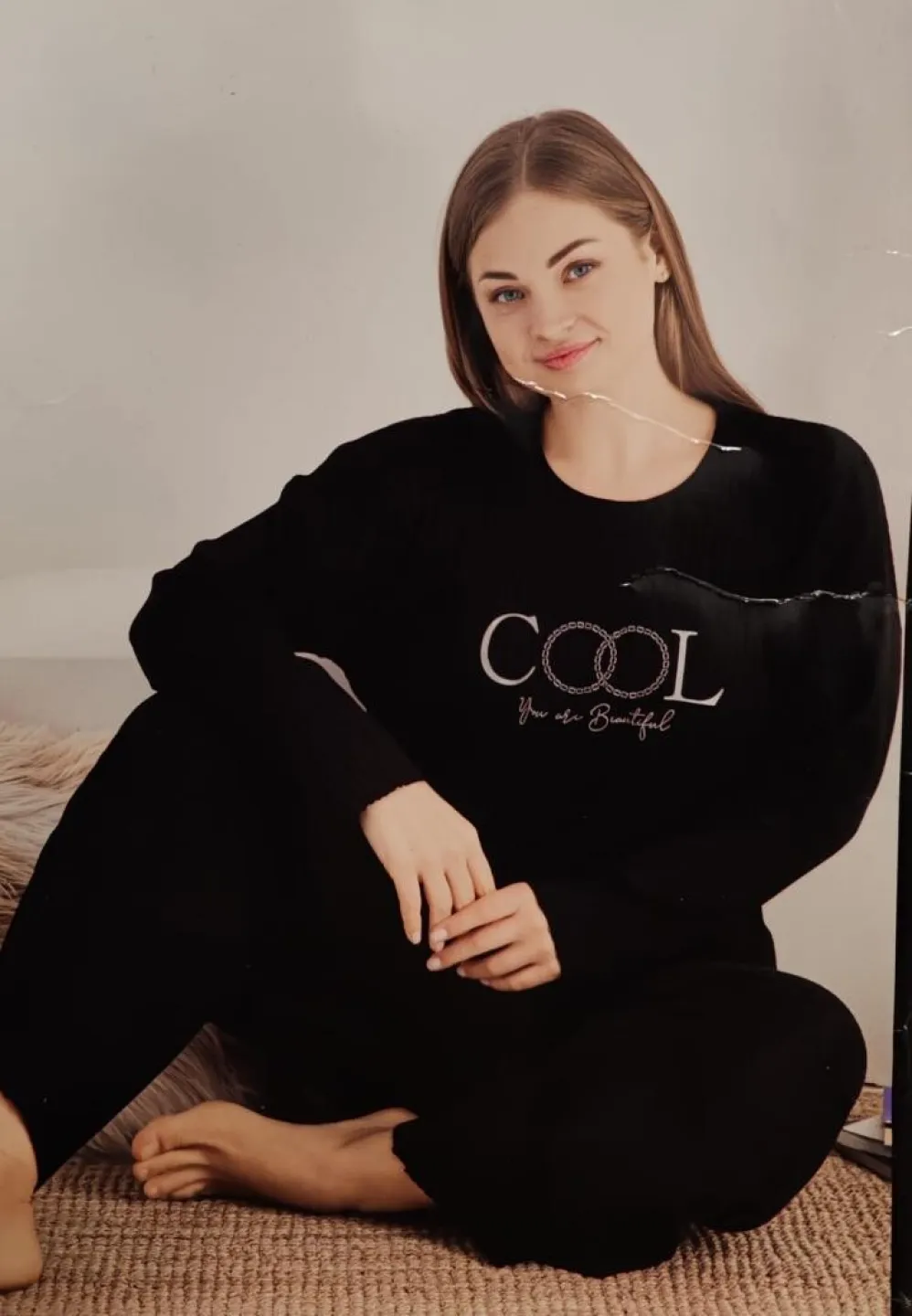 Pijama damă plisată mărime mare, mânecă lungă și pantaloni lungi, Negru - 1