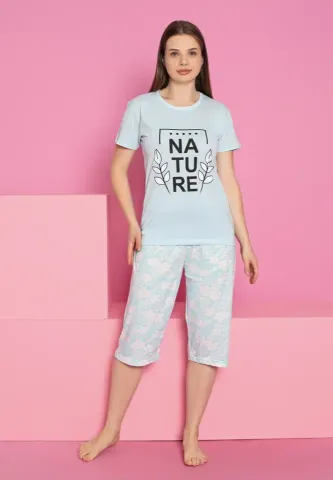 Pijama Damă din Bumbac cu Tricou și Pantaloni 3/4 – Imprimeu Nature