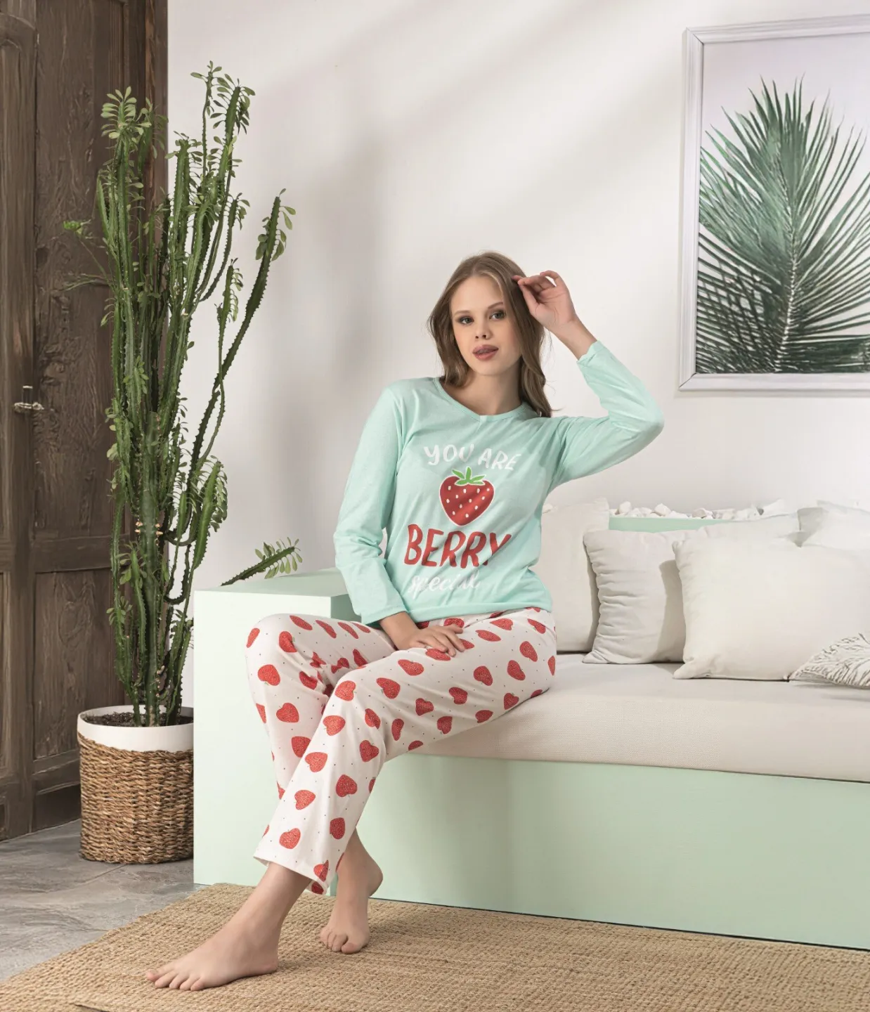 Pijama dama maneca lunga pantalon lungi verde,You Are Berry,Set confortabil - 2