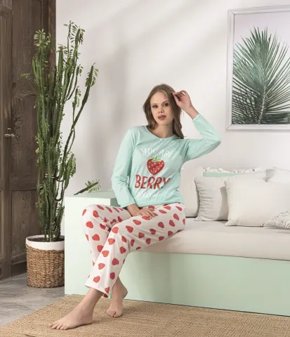 Pijama dama maneca lunga pantalon lungi verde,You Are Berry,Set confortabil hover