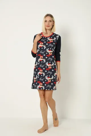 Cămașă de noapte de Crăciun, bleumarin, cu imprimeu cu reni, festivă hover