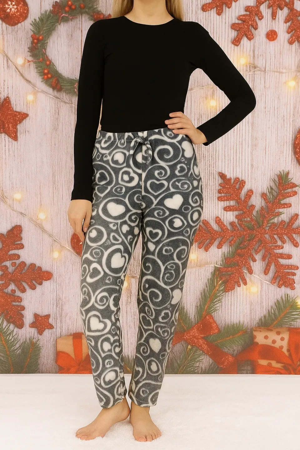 Pantaloni de casă pentru femei, polar gri moale cu inimă - 1
