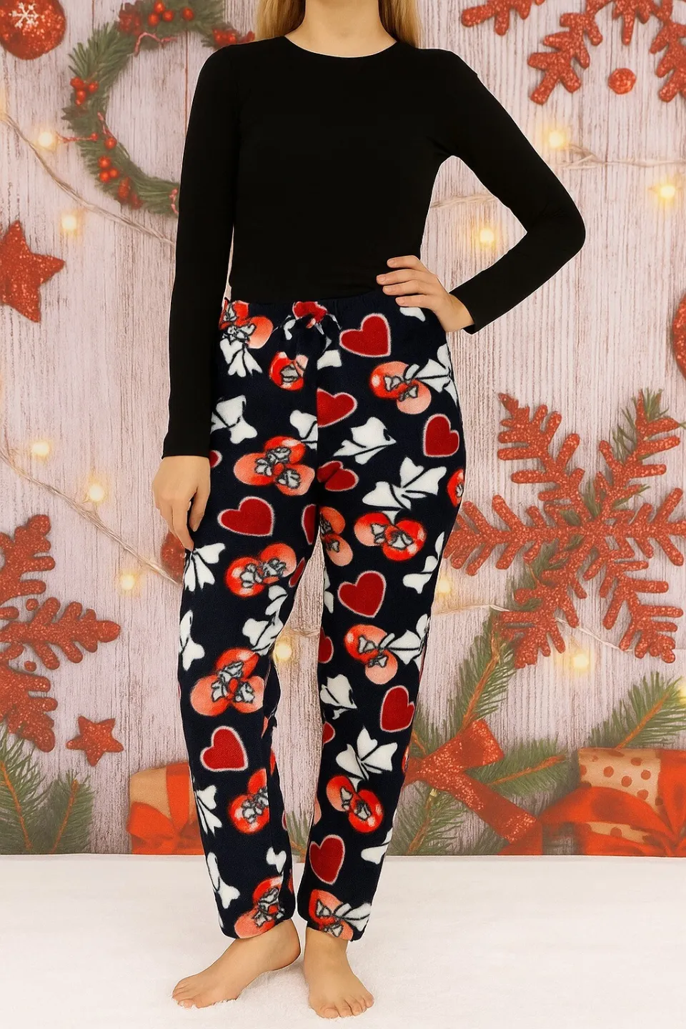 Pantaloni damă din polar bleumarin cu imprimeu inimioare - 1