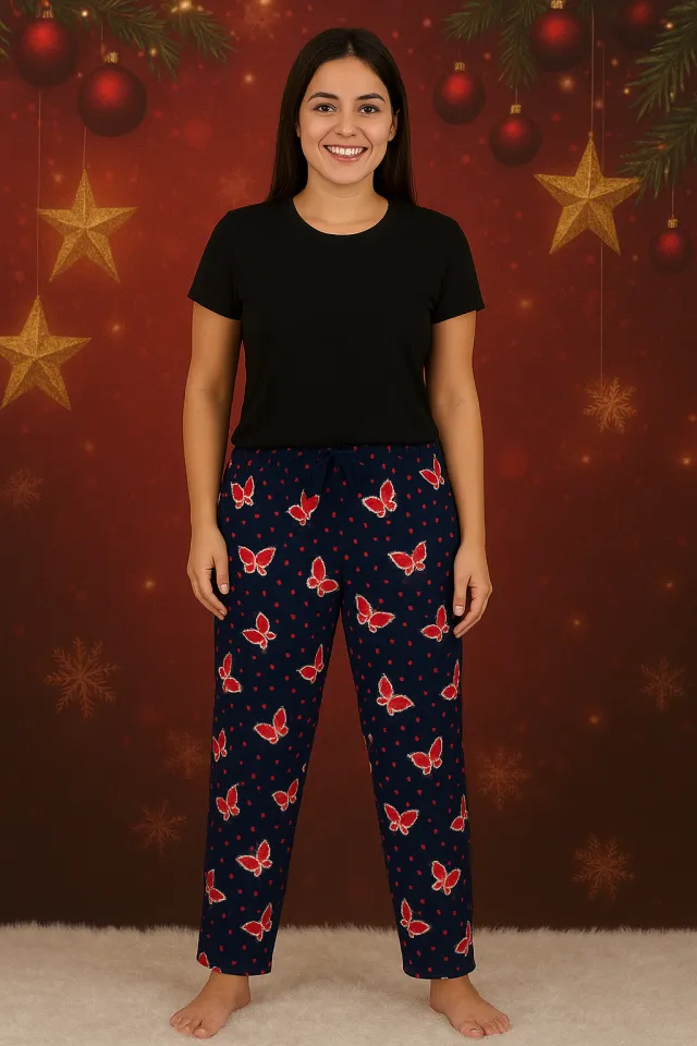 Pantaloni damă din polar bleumarin cu imprimeu fluture