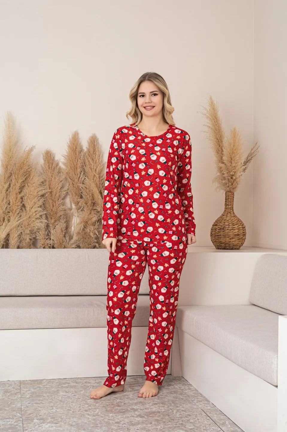 Pijamă Damă Moș Crăciun roșu mânecă lungă pantaloni lungi - 1