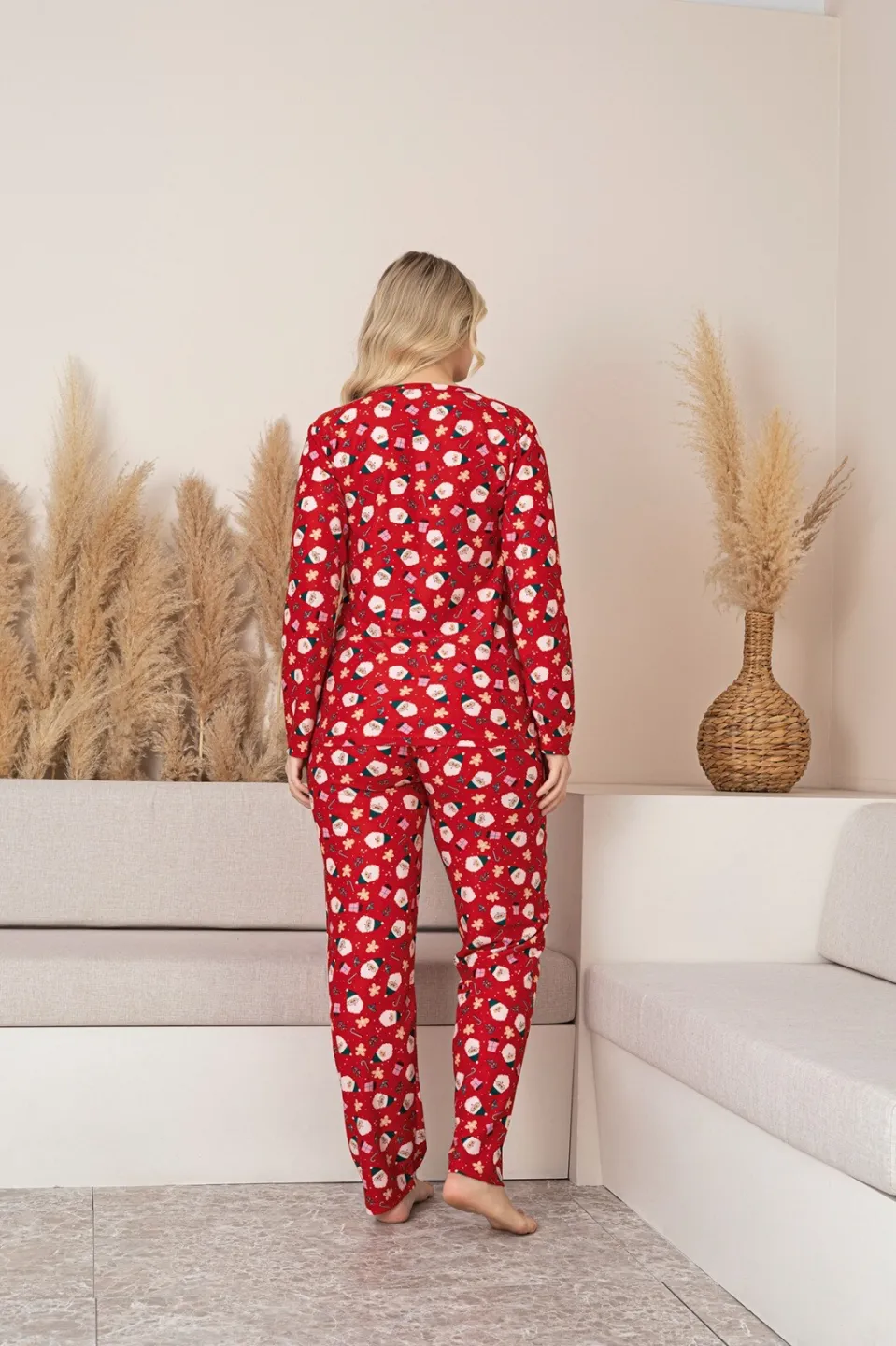 Pijamă Damă Moș Crăciun roșu mânecă lungă pantaloni lungi - 3