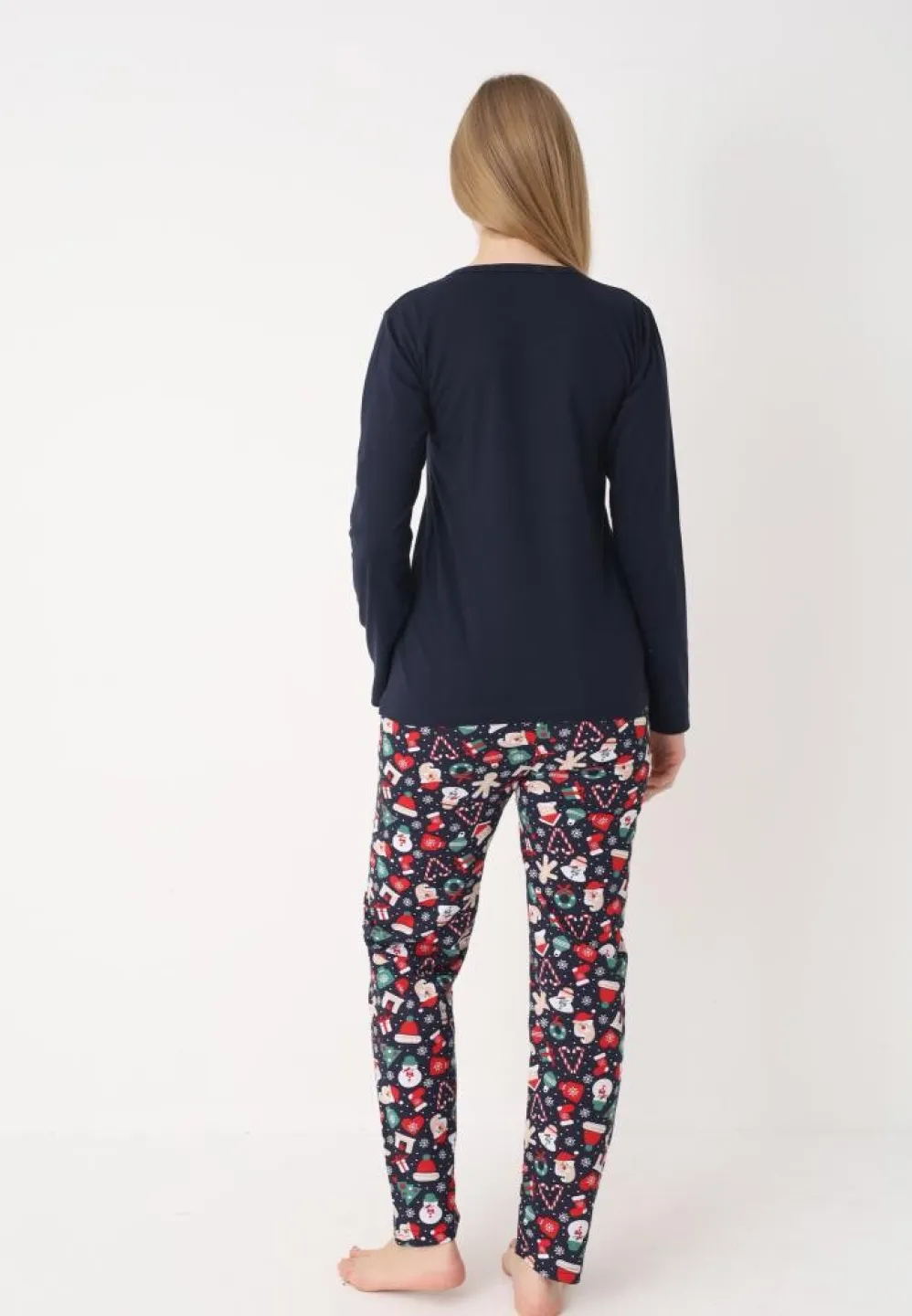 Pijamă Damă de Crăciun, Mâneci Lungi, Pantaloni Lungi, Model Om de Zăpadă, Bleumarin - 2