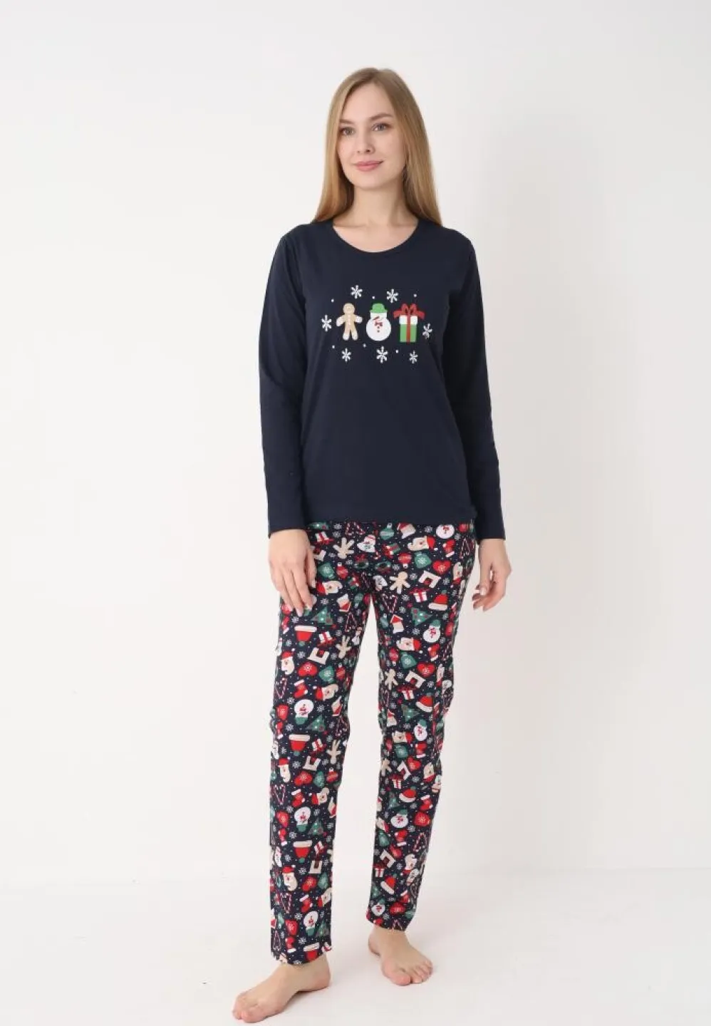 Pijamă Damă de Crăciun, Mâneci Lungi, Pantaloni Lungi, Model Om de Zăpadă, Bleumarin - 3