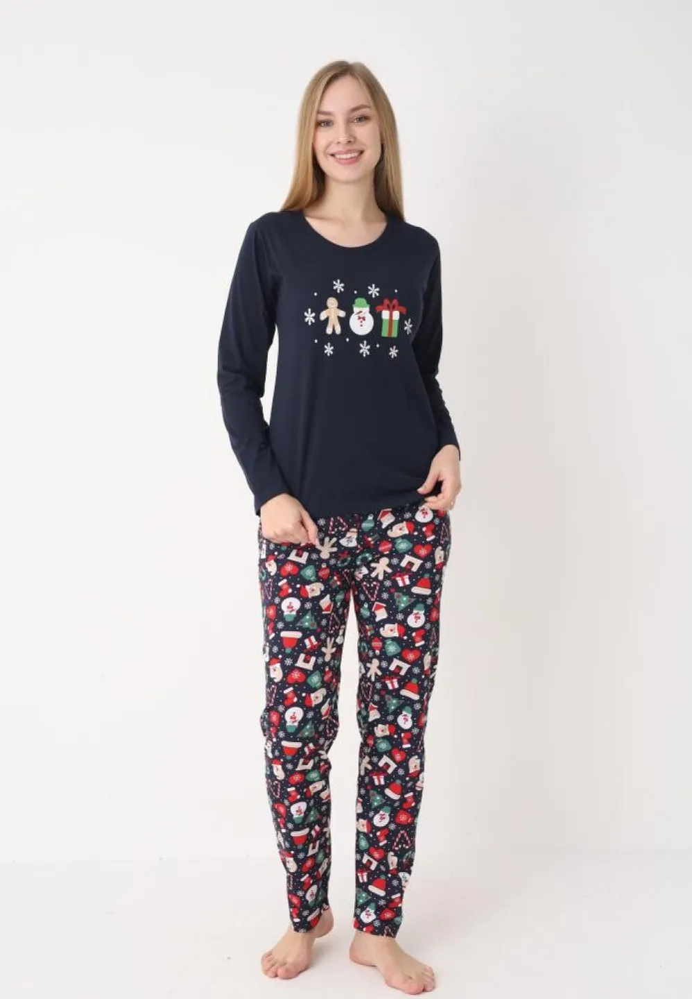 Pijamă Damă de Crăciun, Mâneci Lungi, Pantaloni Lungi, Model Om de Zăpadă, Bleumarin - 5