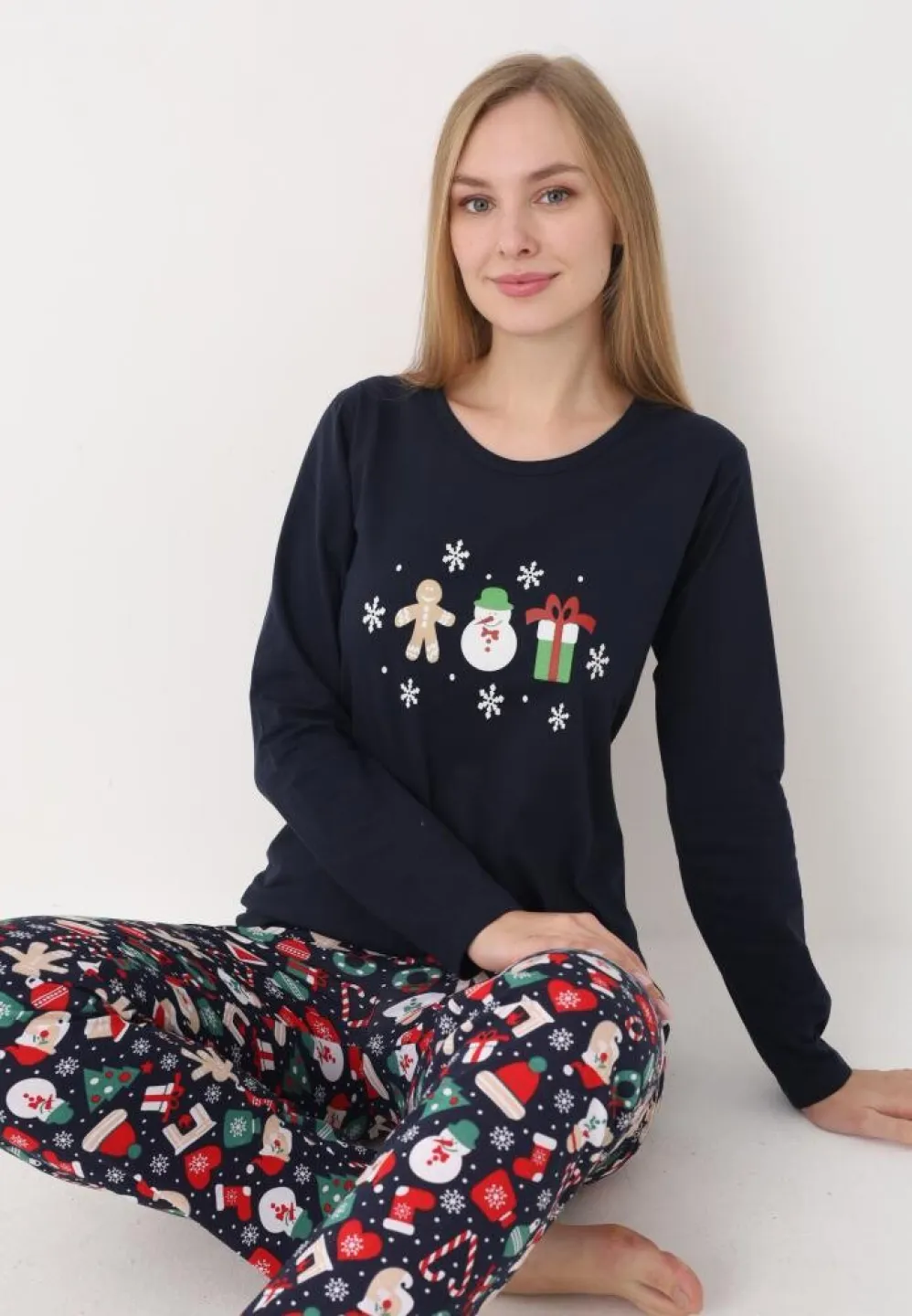 Pijamă Damă de Crăciun, Mâneci Lungi, Pantaloni Lungi, Model Om de Zăpadă, Bleumarin - 7