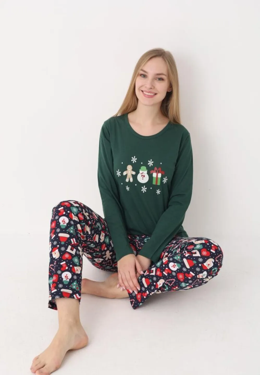 pijama dama craciun verde, set festiv cu om de zăpadă, bluză cu mânecă lungă și pantaloni lungi - 2