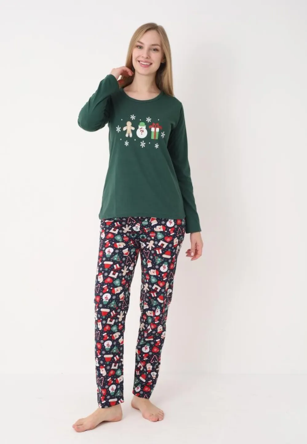 pijama dama craciun verde, set festiv cu om de zăpadă, bluză cu mânecă lungă și pantaloni lungi - 4