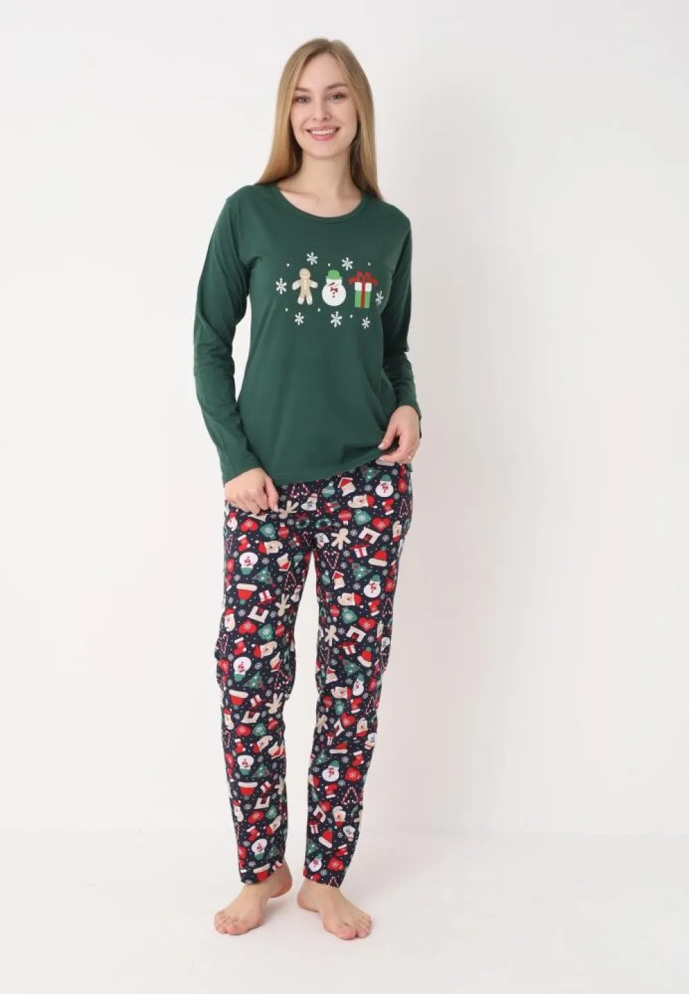 pijama dama craciun verde, set festiv cu om de zăpadă, bluză cu mânecă lungă și pantaloni lungi - 5