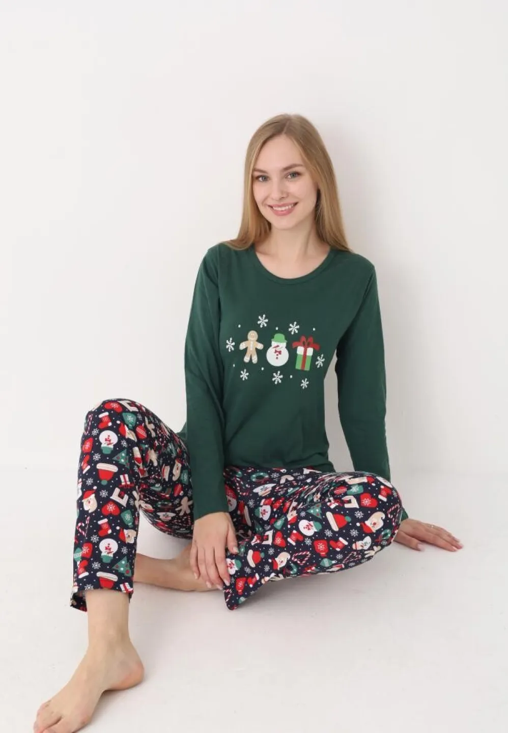 pijama dama craciun verde, set festiv cu om de zăpadă, bluză cu mânecă lungă și pantaloni lungi - 6