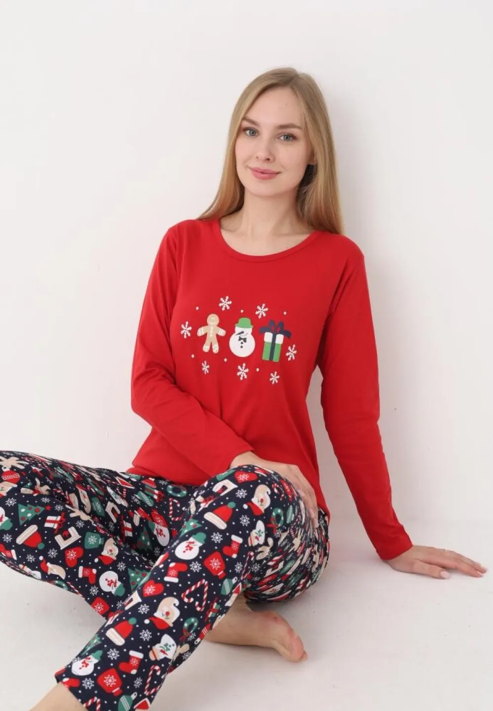 pijama dama craciun roșu festiv, imprimeu om de zăpadă, bluză cu mânecă lungă și pantaloni lungi - 1