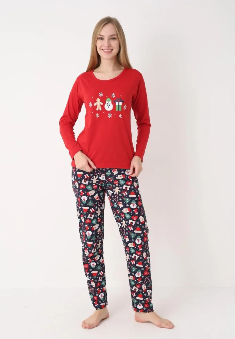 pijama dama craciun roșu festiv, imprimeu om de zăpadă, bluză cu mânecă lungă și pantaloni lungi - 4