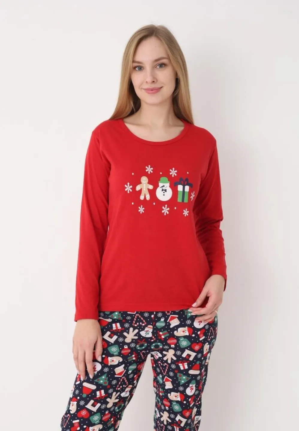 pijama dama craciun roșu festiv, imprimeu om de zăpadă, bluză cu mânecă lungă și pantaloni lungi - 6