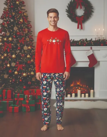 Pijama barbat Crăciun roșu cu om de zăpadă, mânecă lungă și pantaloni lungi – Model festiv confortabil