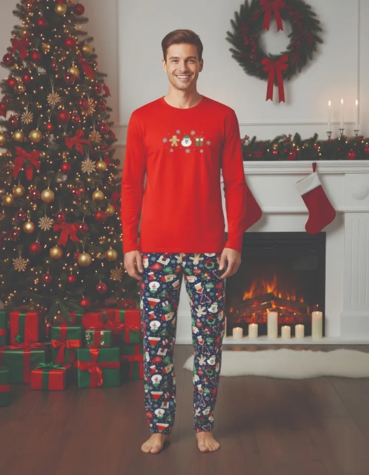 Pijama barbat Crăciun roșu cu om de zăpadă, mânecă lungă și pantaloni lungi – Model festiv confortabil