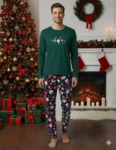 Pijama barbat Crăciun verde cu om de zăpadă, mânecă lungă și pantaloni lungi hover