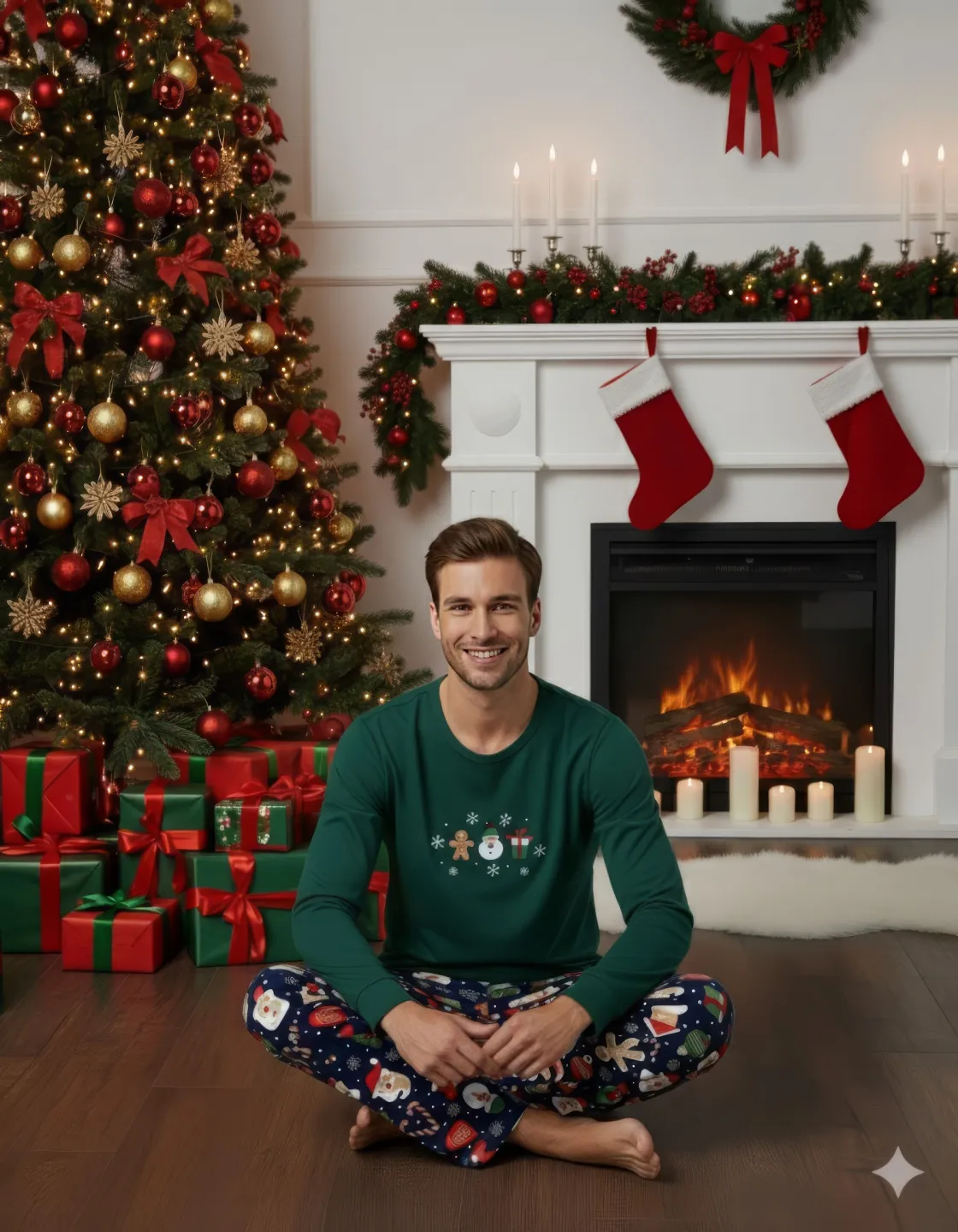 Pijama barbat Crăciun verde cu om de zăpadă, mânecă lungă și pantaloni lungi - 1