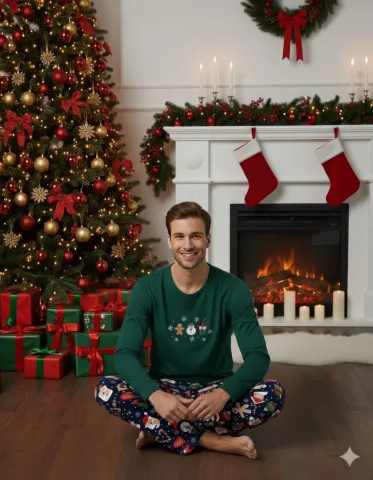 Pijama barbat Crăciun verde cu om de zăpadă, mânecă lungă și pantaloni lungi