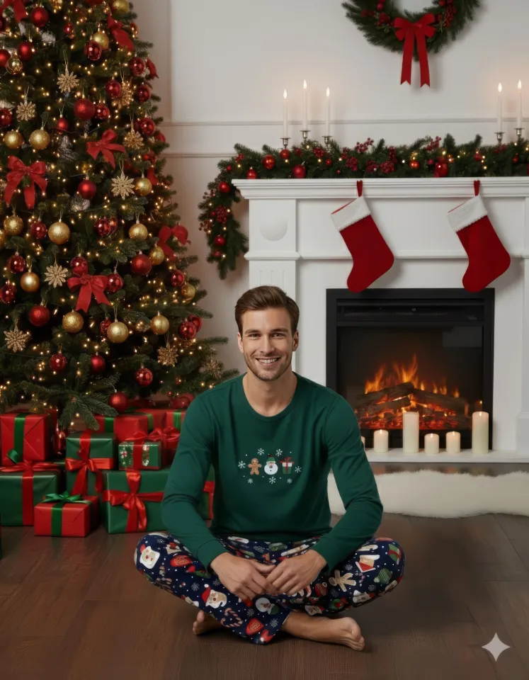 Pijama barbat Crăciun verde cu om de zăpadă, mânecă lungă și pantaloni lungi