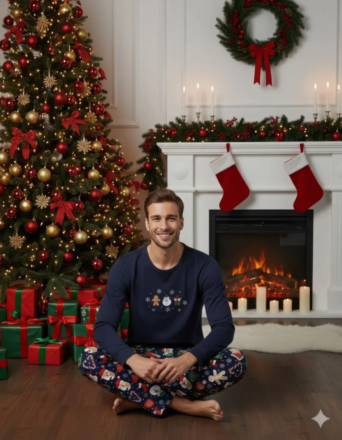 Pijama barbat Crăciun bleumarin, pijama festiv cu om de zăpadă, mânecă lungă și pantaloni lungi - 2