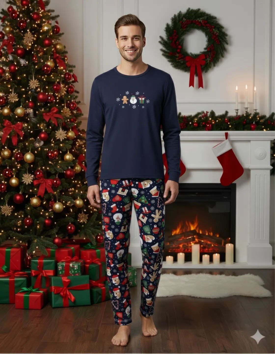 Pijama barbat Crăciun bleumarin, pijama festiv cu om de zăpadă, mânecă lungă și pantaloni lungi - 1