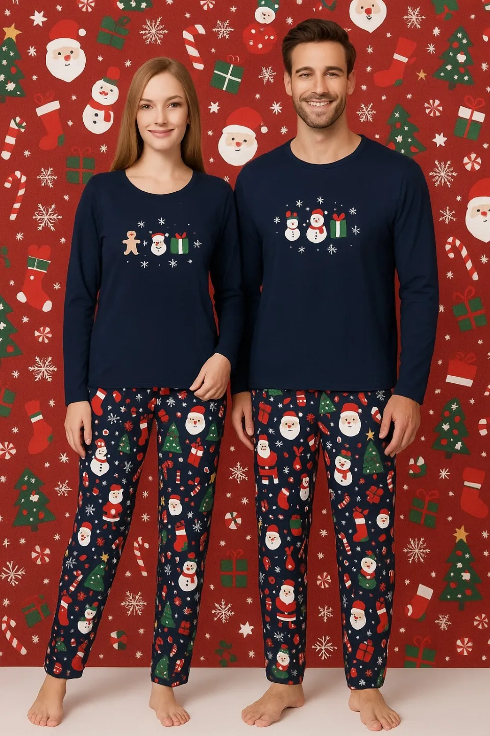 Pijama cuplu Crăciun bleumarin cu om de zăpadă - 1