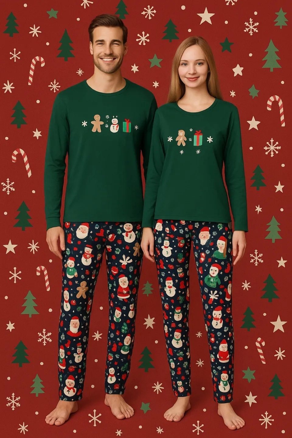 Pijama cuplu Crăciun verde cu om de zăpadă - 1