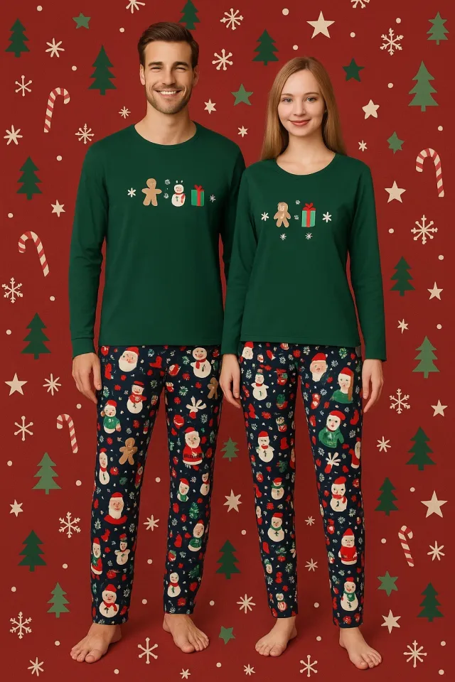 Pijama cuplu Crăciun verde cu om de zăpadă