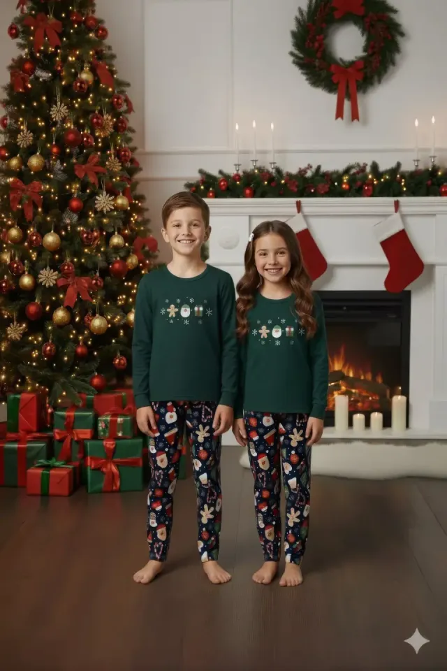 Pijama copii verde de Crăciun cu om de zăpadă