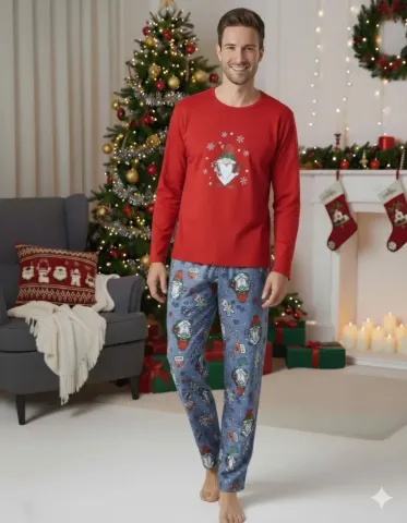 Pijama bărbat Crăciun în roșu, cu imprimeu de figurine de Crăciun hover