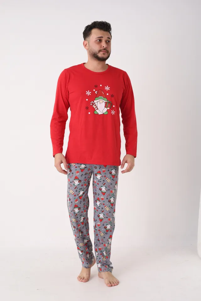 Pijama bărbat Crăciun în roșu, cu imprimeu de figurine de Crăciun