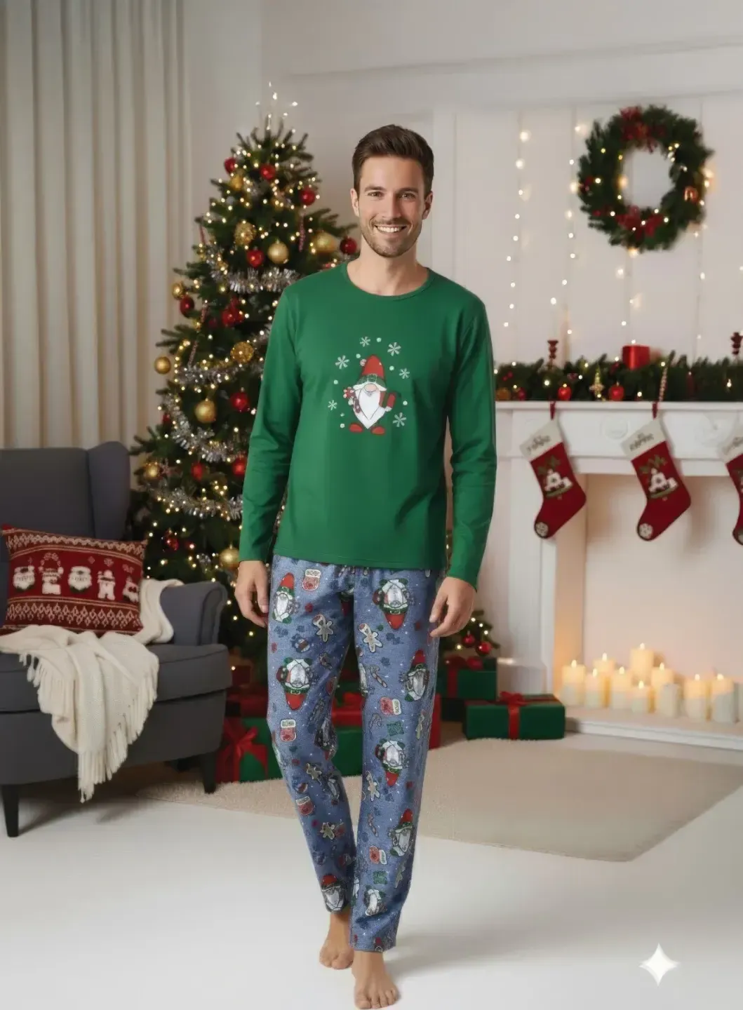 Pijama bărbat Crăciun în verde, cu imprimeu de figurine de Crăciun - 2